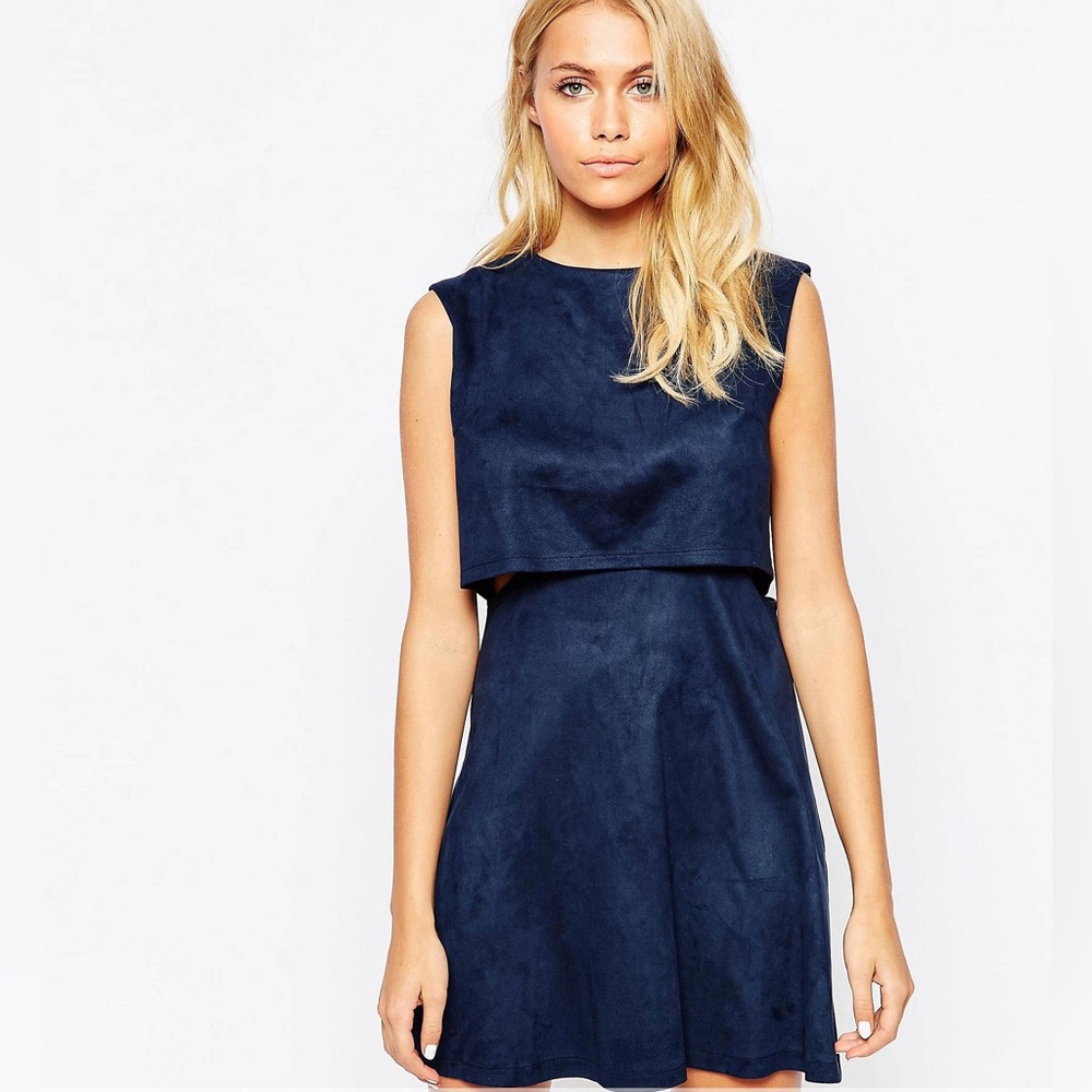 Fashion Union XS Faux Suede Layered Crop Aline Dress Side Cutout Navy Dress ASOS